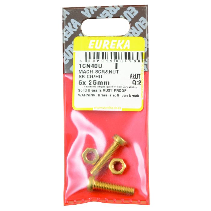 Eureka Solid Brass Machine Screw & Nut 6 x 25mm 4 Pack 1CM40U Chamberlain