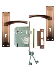 Lockworx Copper Rose Keyhole Econo Shale Lever Handle On Backplate 3 Lever Lockset LWL-SHL-3LCR